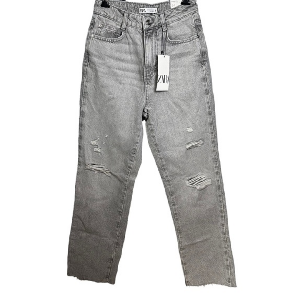 Zara High Rise Straight‎ Leg Jeans Raw Hem Blue Denim Casual Minimalist Size 2